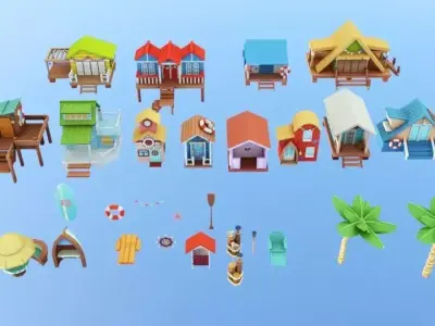 Stylized Cartoon Beach Houses Pack Low-poly 3D model