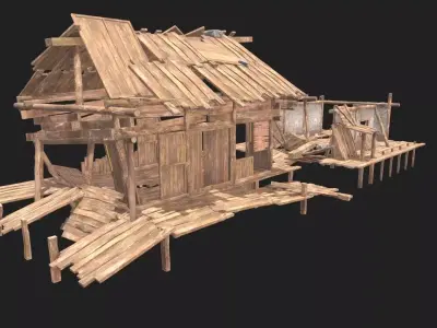 Broken wooden house 01 Low-poly 3D model