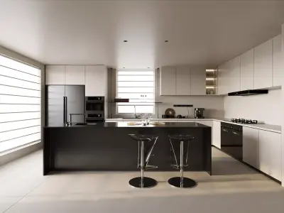 Modern Minimalist Black - White Kitchen with Island 3D model