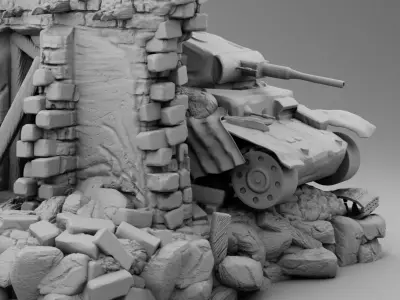 A tank near the ruins 3D print model