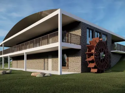 Double story building structure with outdoor water pond Exterior 3D model
