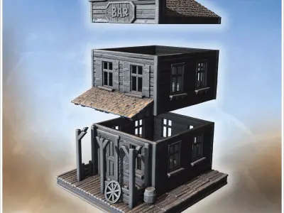 Two-story wooden bar with porch wagon wheel barrel and tiled roo 3D print model