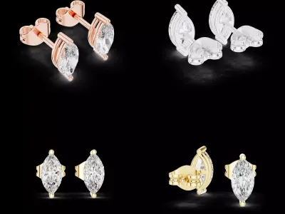 Marquise Diamond Stud Earrings CAD Design Gold Silver Jewelry 3D print model