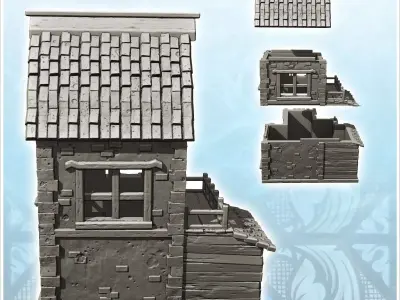 Medieval house with entrance under porch two-storey terrace and  3D print model