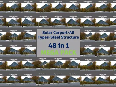 Lowpoly Solar-Powered Parking Lot - All Types - Steel Structure Low-poly 3D model