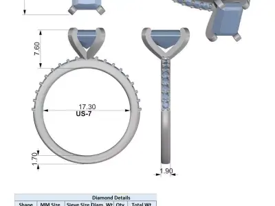 Radiant Cut Pave Solitaire Ring 3D Model 3D print model