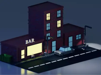 low poly Street bar building at night Low-poly 3D model