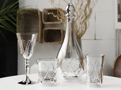 Glass Set silver decanter and glasses on table 3D model
