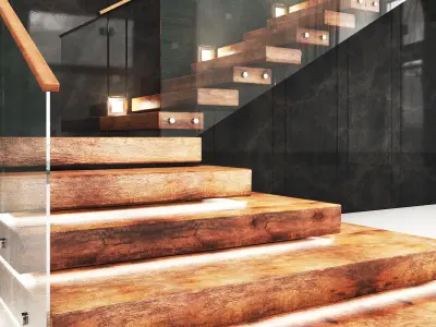 staircase02 wooden staircase with glass railings 3D model