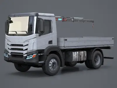  Realistic Flatbed Truck with Loader Crane Aged and Rusted 