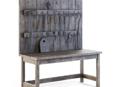 Old Wooden Wall Table with Tools 3D model
