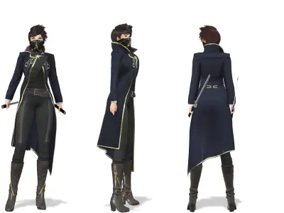 Full Black Fantasy Outfit Jacket Pants Boots Mask Low-poly 3D model