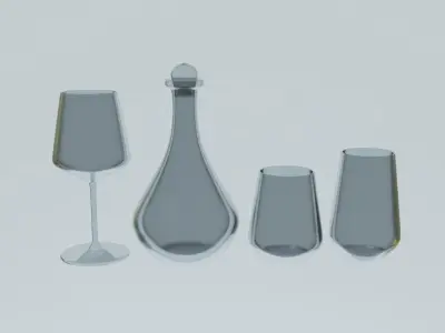 Glass Set of glasses and wine bottle on table 3D model