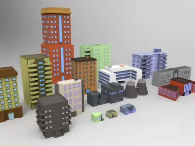 16 low poly buildings pack Low-poly 3D model