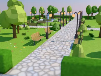 Low Poly Park with trees and pond Low-poly 3D model