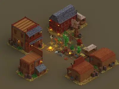 Wild West Outdoors Theme 3D Voxel Models Bundle Low-poly models Low-poly 3D model