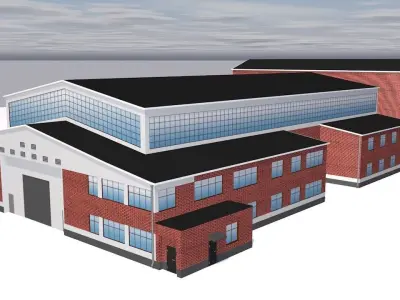 Factory brick building on cloudy day Low-poly 3D model