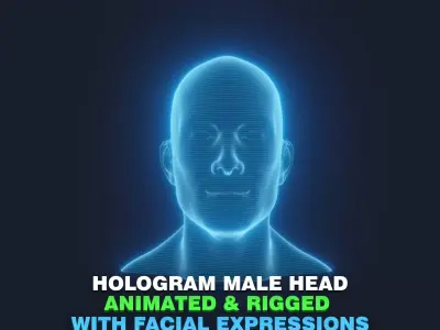 Hologram Male Head 3D Model Animated with Facial Expressions Low-poly 3D model