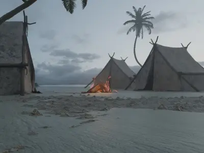 Night Scout Campfire on Beach - Realistic 3D Scene 3D model