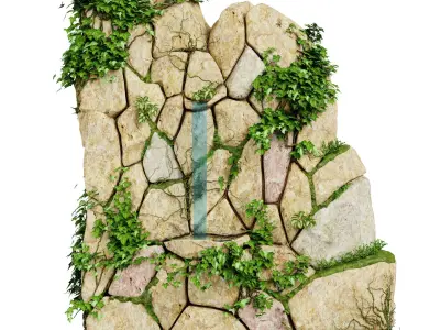 Mossy Stone Wall Wall with waterfall 3D model