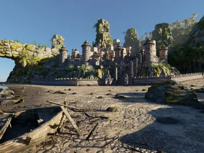 Island Castle Beach Scene 3D model