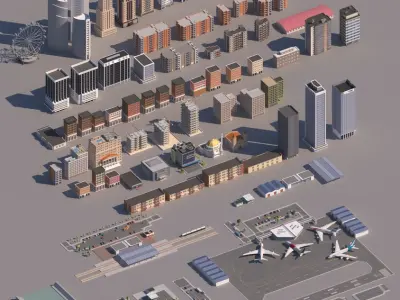  Realistic Low poly Cartoon City Modular Elements 