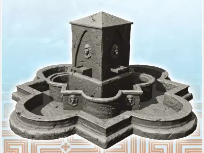Fountain with four access points in square with lion heads 5 3D print model