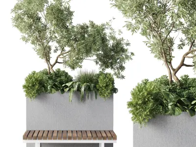 Urban Environment Urban Furniture Green Benches Plants and Tree  3D model