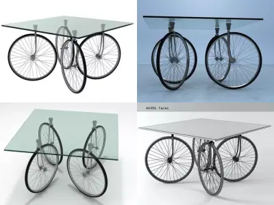 Tour glass table with bicycle wheels 3D model