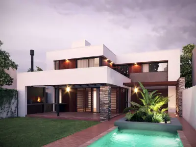 3D Modern House Ext Sunset Scene 3D model
