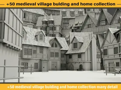 50 medieval village building and home collection white UV 3D model