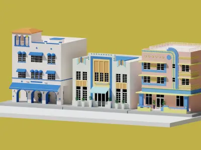 Low Poly Art Deco Buildings set 2 Low-poly 3D model