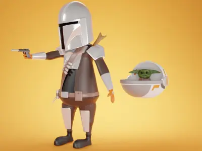 Simple Cartoon Model of The Mandalorian and Baby Yoda 3D model