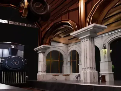 Oldfashioned Train Station with Train 3D model
