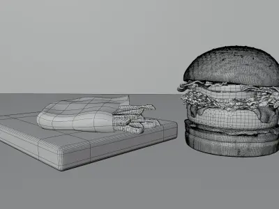 Handcrafted Crispy Cheese Burguer with French Fries 3D model