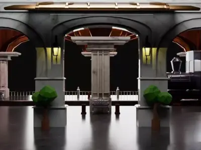 Oldfashioned Train Station with Train 3D model