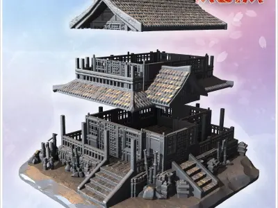 Traditional two-story house with tiled roof wooden railings and  3D print model