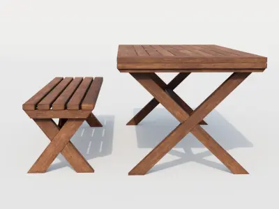 Lowpoly Dining Table and Bench Free low-poly 3D model