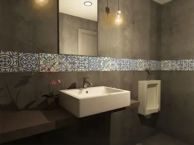 Restroom bathroom with tiled walls and mirror Free 3D model