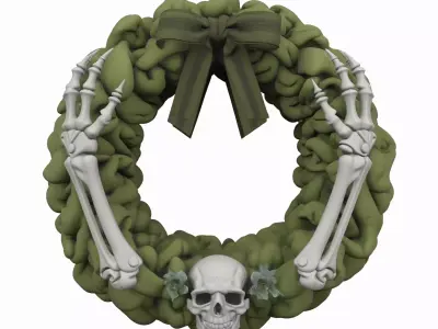 3D Festive Green Door Wreath with Bone White Skeleton 3D model
