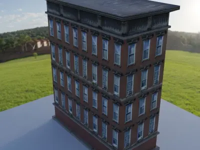 Building brick in middle of grassy field Low-poly 3D model