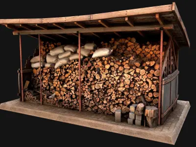 Fire Wood Storage Shelters Medieval Barn Warehouse Low-poly 3D model