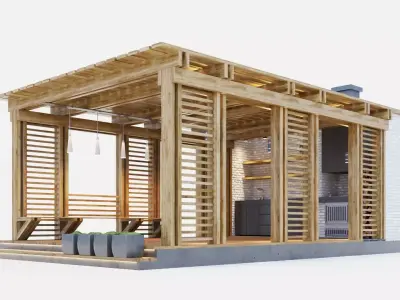 Wooden gazebo with oven 3D model