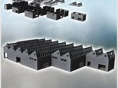 Large modern factory with glazed shed roof multiple accesses and 3D print model