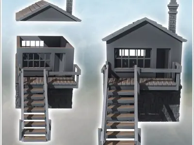 Modern building with access staircase to the first floor and cut 3D print model
