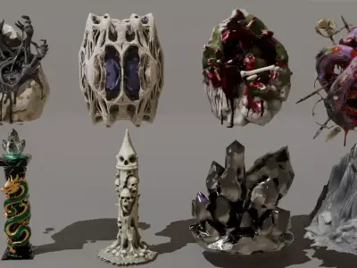 8 Low Poly Dark Environment Assets and Mystic Rock Formations 3D Model Pack