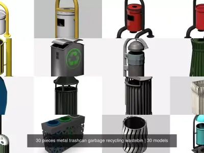 30 pieces metal trashcan garbage recycling wastebin 3D Model Pack