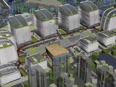 Modern Office Campus with Glass Towers and Central Plaza 3D model