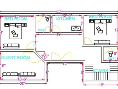 Modern 2BHK Ground Floor House Plan 50x28 Feet AutoCAD Drawing 3D model