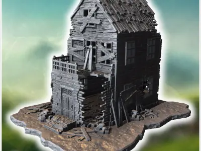 Ruined wooden building with a damaged upper floor broken porch a 3D print model